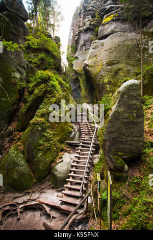 Steps in Unique rocks mountain Adrspasske skaly in national park Adrspach, Czech republic Stock Photo