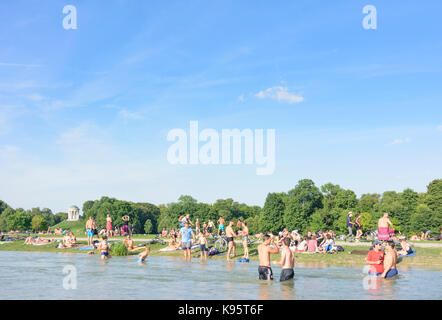 Englischer Garten (English Garden), view to Monopteros, stream Schwabinger Bach, bather, sunbather, people, München, Munich, Oberbayern, Upper Bavaria Stock Photo