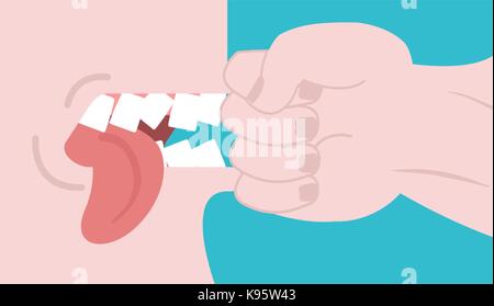 Punch on teeth. Fist in face to beat. Broken teeth. Fight vector illustration Stock Vector