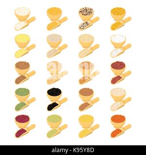 Cereals in wooden bowl and spoon set. Rice and lentils. Red beans and peas. Corn and barley gritz. Millet and cuscus. Oat and buckwheat. Bulgur and wh Stock Vector