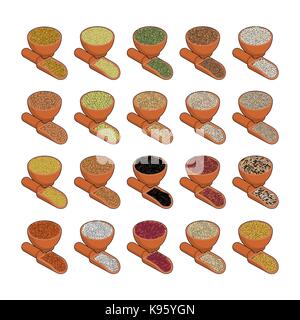 Groats in wooden bowl and spoon set. Rice and lentils. Red beans and peas. Corn and barley gritz. Millet and cuscus. Oat and buckwheat. Bulgur and whe Stock Vector