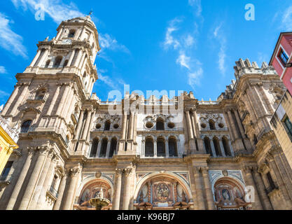 Malaga, Spain:  The facade of the Cathedral of Malaga, upwards view. Stock Photo