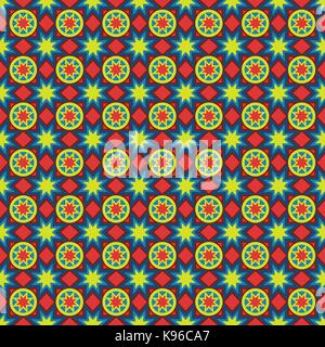Geometric colorful seamless vector pattern with stars and circles Stock Vector