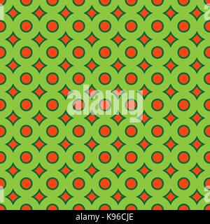 Abstract seamless vector pattern of geometric shapes with circle elements in green and orange colors Stock Vector