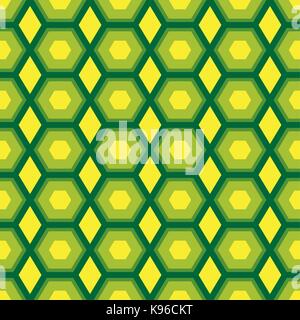 Seamless abstract vector pattern of geometric shapes with concentric hexagonal elements in green and yellow colors Stock Vector
