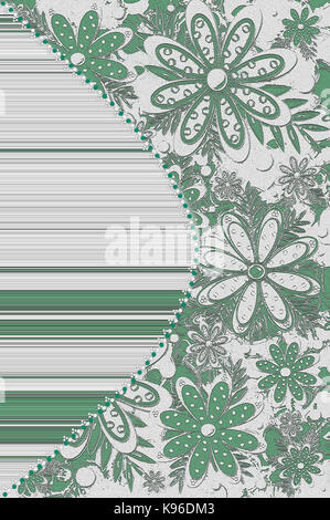 Bridal invitation is 2D with two different textures sharing a curving design with circles lining edge.  Verigated lines and lacy flower patterns finis Stock Photo