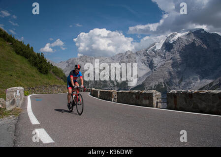 Cyclist on the Stelvio Pass, with 76 hair pin bends one of the best road in the world and one of the Alps Ultra High passes, from Italy to Switzerland Stock Photo