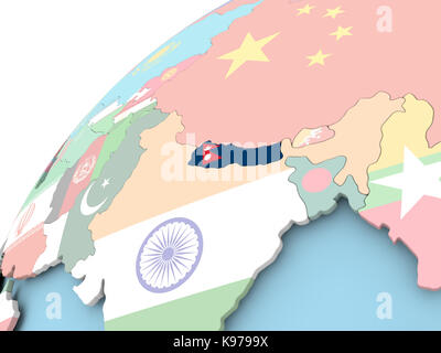 Map of Nepal with embedded flag on planet surface. 3D illustration ...