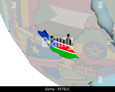 Map of South Sudan on political globe with embedded flags. 3D illustration. Stock Photo