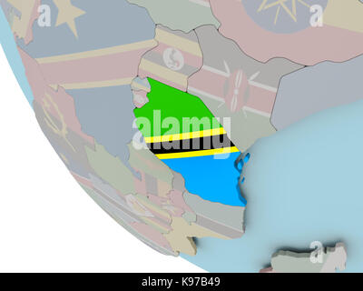 Map of Tanzania with embedded flag on planet surface. 3D illustration ...