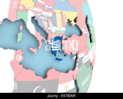Map of Greece on globe with embedded flags of countries. 3D ...