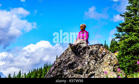 Senior woman sitting on a large rock in the high alpine surrounded by pink Fireweed flowers, during a hike to Mount Tod in central British Columbia Stock Photo