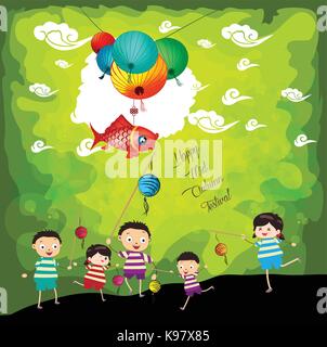 Mid Autumn Festival background with kids playing lanterns Stock Vector ...