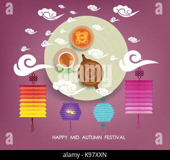Chinese moon cake and green tea for Mid autumn festival. Tea pot, tea cup Stock Vector