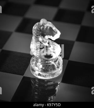 Black and White Glass Knight Chess Piece Stock Photo
