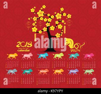 calendar 2018 tree design. Chinese new year, the year of the dog zodiac monthly cards templates. Set of 12 month Stock Vector