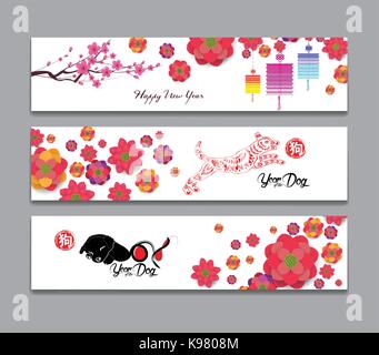 Horizontal Banners Set with Hand Drawn. Year of the dog (hieroglyph: Dog) Stock Vector