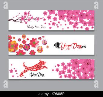 Horizontal Banners Set with Hand Drawn. Year of the dog Stock Vector