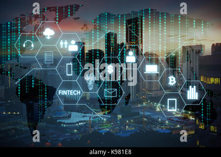 Fintech icon and internet of things with matrix code background , Investment and financial internet technology concept. Stock Photo