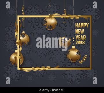 Luxury Elegant Merry Christmas and happy new year 2018 poster. Frame and gold christmas balls Stock Vector