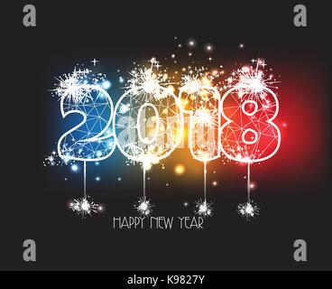 New Years 2018 polygonal line and fireworks background Stock Vector