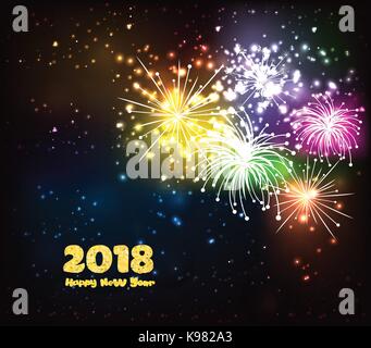 Happy new year golden 2018 background fireworks lights effects Stock Vector