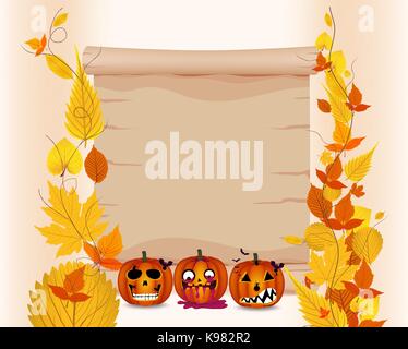 halloween parchment with pumpkin and leaves Stock Vector