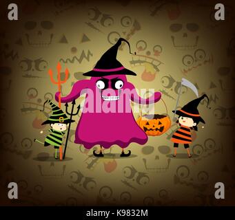 Halloween card with cartoon vampire and witch Stock Vector