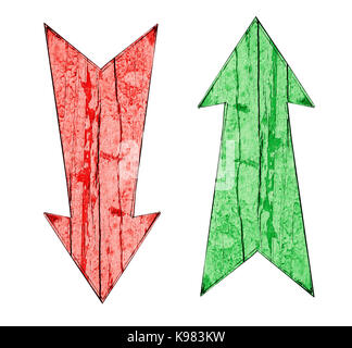 Red down and green up vintage wooden direction arrows on cracked and peeling painted wooden isolated on a white background. Concept for pros and cons, Stock Photo