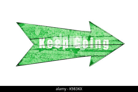 Green vintage wooden direction arrow sign on a cracked and peeling wooden plate isolated on a white empty seamless background with white text 'Keep Go Stock Photo