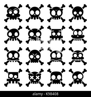 Halloween vector cartoon skull with bones icons, Mexican cute black sugar skulls design set, Dia de los Muertos Stock Vector