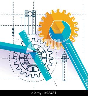concept of modeling, the creation of a project, the initial and final stages. icon of engineers in work . Illustration in a flat style Stock Vector
