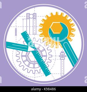 concept of modeling, the creation of a project, the initial and final stages. icon of engineers in work  in the linear style Stock Vector