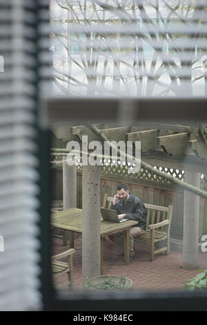 Man talking on mobile phone while working on laptop in the garden Stock Photo