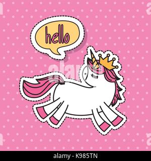 cute unicorn fantasy speech bubble hello dots background Stock Vector