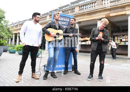 Irish rock band Kodaline busking at Tottenham Court Road Station and in Covent Garden in Central London to raise awareness for male suicide prevention charity CALM (Campaign Against Living Miserably).  Featuring: Kodaline, Steve Garrigan, Vinny May, Jr., Jason Boland, Mark Prendergast Where: London, United Kingdom When: 22 Aug 2017 Credit: Carsten Windhorst/WENN.com Stock Photo