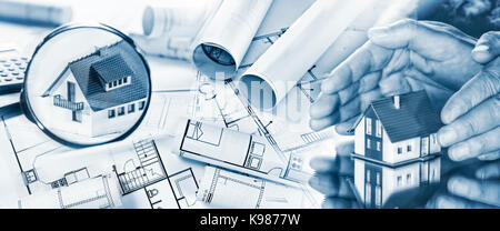 Blueprints, a house in the focus of a magnifying glass and another is surrounded by hands. Stock Photo