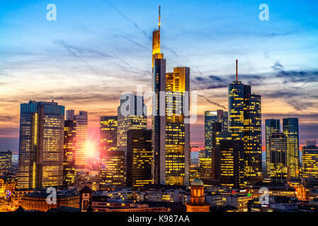 The skyline of downtown Frankfurt in the evening