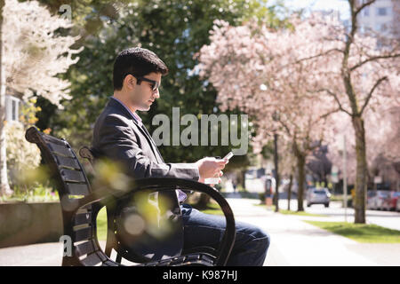 Businessman using mobile phone on bench in park Stock Photo