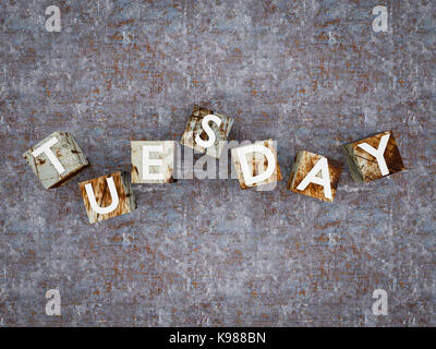 3D rendering of metallic cubes with TUESDAY Stock Photo