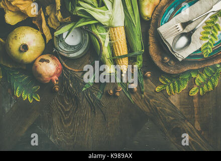 Flat-lay Fall table setting for Thanksgiving dinner Stock Photo