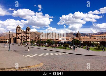 Cuzco, panoramic view of main square and cathedral church Stock Photo