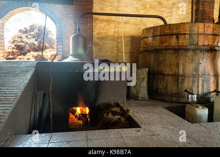 View of the process of mezcal distillation in Oaxaca, Mexico Stock Photo