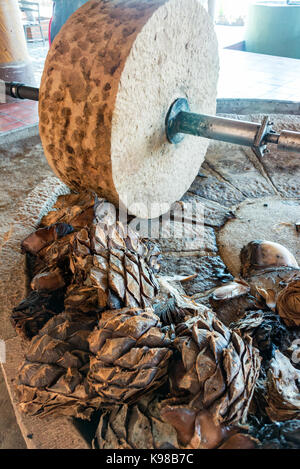 Horse powered stone grinding wheel used in the production of mezcal in Oaxaca, Mexico Stock Photo