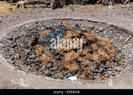 Pit used for burning agave in the production of mezcal in Oaxaca, Mexico Stock Photo