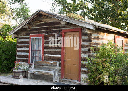An old rustic log cabin with gold door and orange trim surrounded by shrubs and trees. Stock Photo