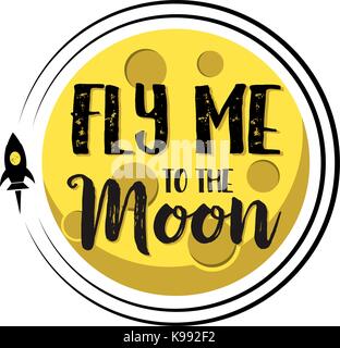 Rocket flies around moon text fly me around flat isolated background Stock Vector