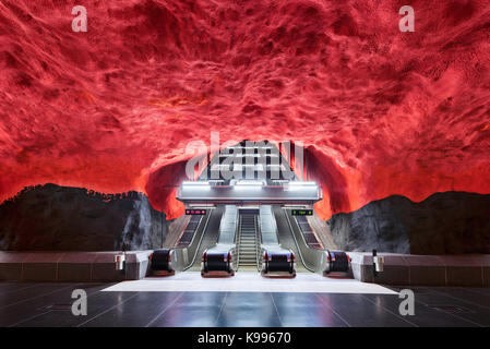 Solna Centrum station on the Stockholm Metro, or T-Bana, in Sweden. The Stockholm Metro is considered to be the longest art museum in the world. Stock Photo