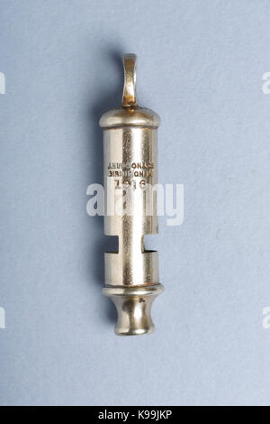1916 "trench" whistle, by Hudson and Co, Birmingham. This would have been used by an officer to signal his troops to go "over the top". Stock Photo