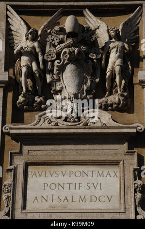 Italy. Rome. Basilica of Santa Maria Maggiore. Sculptures and papal coat of arms. Stock Photo
